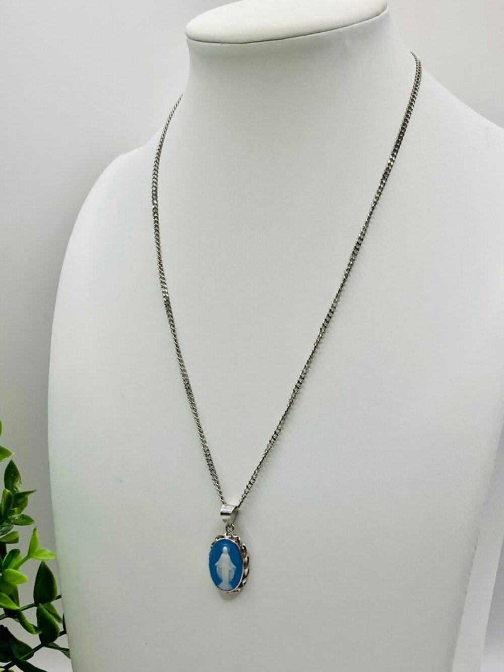 Blue Cameo Miraculous Medal Necklace Sterling Silver Frame on Stainless Steel Ch - Picture 4 of 7